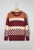 Brown Checkered Color Block Knitted Drop Shoulder Sweater