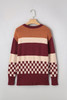 Brown Checkered Color Block Knitted Drop Shoulder Sweater