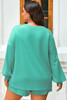 Sea Green Drop Shoulder V Neck Pullover Top and Drawstring Short Plus Size Set