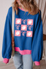 Blue Rugby Bowknot Graphic Game Day Contrast Trim Drop Shoulder Casual Sweatshirt