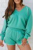 Dark Green Colorblock Trim V Neck Pullover Top and Shorts Set