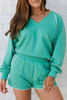 Dark Green Colorblock Trim V Neck Pullover Top and Shorts Set