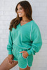 Dark Green Colorblock Trim V Neck Pullover Top and Shorts Set