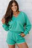 Dark Green Colorblock Trim V Neck Pullover Top and Shorts Set