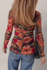 Multicolour Floral Print Lettuce Trim Long Sleeve Mesh Top