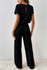 Black Ribbed Keyhole Short Sleeve Wide Leg Jumpsuit