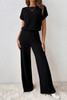 Black Ribbed Keyhole Short Sleeve Wide Leg Jumpsuit