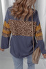 Dark Blue Leopard Colorblock Patchwork Long Sleeve Drop Shoulder Top