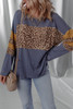 Dark Blue Leopard Colorblock Patchwork Long Sleeve Drop Shoulder Top