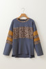 Dark Blue Leopard Colorblock Patchwork Long Sleeve Drop Shoulder Top