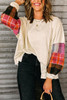 Beige Contrast Plaid Long Sleeve Exposed Seam Patchwork Top