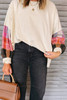 Beige Contrast Plaid Long Sleeve Exposed Seam Patchwork Top