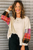 Beige Contrast Plaid Long Sleeve Exposed Seam Patchwork Top