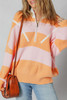 Orange Stripe Colorblock Half Zip Oversize Sweater