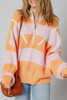 Orange Stripe Colorblock Half Zip Oversize Sweater