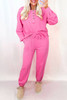 Bright Pink Raw Edge Half Buttons Pullover and Jogger Pants Set
