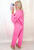 Bright Pink Raw Edge Half Buttons Pullover and Jogger Pants Set