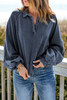 Blue Washed Snap Buttons Lantern Sleeve Pullover Sweatshirt