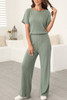 Laurel Green Ribbed Keyhole Short Sleeve Wide Leg Jumpsuit