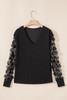 Black Flower Applique Mesh Long Sleeve V Neck Blouse