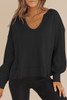 Black Waffle Knit Notched V Neck Drop Shoulder Solid Sweatshirt