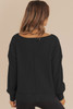 Black Waffle Knit Notched V Neck Drop Shoulder Solid Sweatshirt