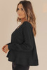 Black Waffle Knit Notched V Neck Drop Shoulder Solid Sweatshirt