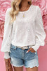 White Eyelet Embroidered Smocked Cuff Sheer Blouse