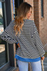 White Stripe Striped Contrast Ribbed Trim Crossed Stitch Drop Shoulder Sweatshirt