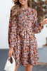 Multicolour Floral Print Long Sleeve Pleated Detail Bleted Mini Dress