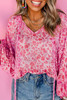 Pink Floral Puff Sleeve Split Neck Lightweight Blouse