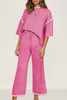 Bright Pink Contrast Trim Half Sleeve Top Drawstring Pants Loose 2pcs Sweater Suit
