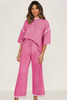 Bright Pink Contrast Trim Half Sleeve Top Drawstring Pants Loose 2pcs Sweater Suit
