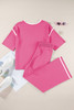 Bright Pink Contrast Trim Half Sleeve Top Drawstring Pants Loose 2pcs Sweater Suit
