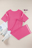 Bright Pink Contrast Trim Half Sleeve Top Drawstring Pants Loose 2pcs Sweater Suit