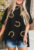 Black Western Shiny Horseshoes Pattern High Low Hem Casual T Shirt