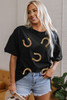 Black Western Shiny Horseshoes Pattern High Low Hem Casual T Shirt