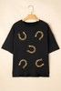 Black Western Shiny Horseshoes Pattern High Low Hem Casual T Shirt