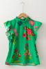 Green Floral Print Flutter Sleeve Frilly Neck Blouse
