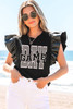 Black GAME DAY Checkered Letter Graphic Leatherette Ruffle Sleeve Top