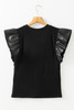 Black GAME DAY Checkered Letter Graphic Leatherette Ruffle Sleeve Top