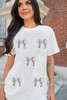 White Glitter Baseball Bow Patched Cotton Blend T Shirt