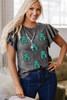 Dark Grey Sequin Turquoise Pattern Ruffle Sleeve Cowgirl Tee