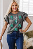 Dark Grey Sequin Turquoise Pattern Ruffle Sleeve Cowgirl Tee
