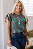 Dark Grey Sequin Turquoise Pattern Ruffle Sleeve Cowgirl Tee