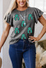 Dark Grey Sequin Turquoise Pattern Ruffle Sleeve Cowgirl Tee