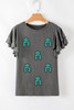 Dark Grey Sequin Turquoise Pattern Ruffle Sleeve Cowgirl Tee