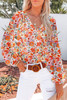 Orange Floral Print V Neck Long Puff Sleeve Top