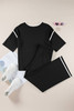 Black Contrast Trim Half Sleeve Top Drawstring Pants Loose 2pcs Sweater Suit