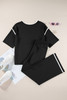 Black Contrast Trim Half Sleeve Top Drawstring Pants Loose 2pcs Sweater Suit